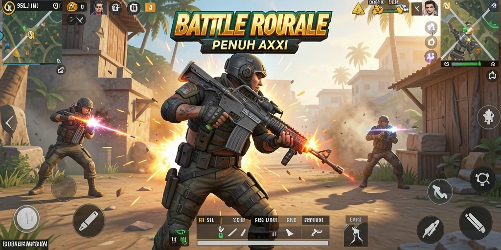 Screenshot utama menampilkan aksi seru dalam Battle Royale.