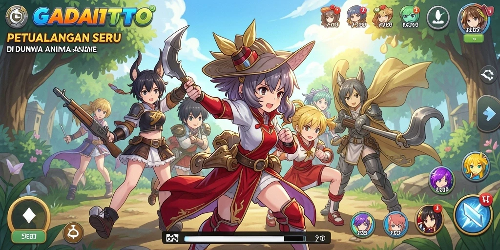 Tampilan gameplay GADAITOTO yang penuh warna dan karakter Anime.