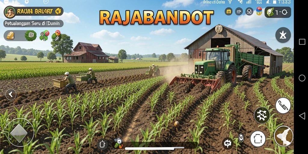 Screenshot gameplay RAJABANDOT menampilkan aktivitas bertani dan merawat hewan.